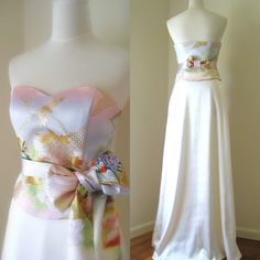 "A line wedding dress with vintage wedding KIMONO. Another Grrim inspired! Pale color pink blue cream, flower and crane paint and embroidery with OBI sash belt. *Sorry but this fabric has sold out. I will make this design with the other fabric and you can choose it from my KIMONO collection. Please convo me any require. Size--- US10 (refer to finished garment measurment please) Also, custom order is available Age--- Product-New, KIMONO-1970~, skirt-new Material---Top Vintage synthetic wedding KI Obi Wedding Dress, Kimono Inspired Wedding Dress, Kimono Wedding Dress, Japanese Wedding Dress, Sakura Wedding, Kimono Remake, Dress With Kimono, Flower Pastel, Japanese Theme