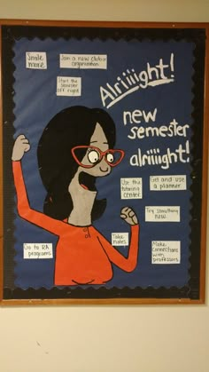 a bulletin board with an image of a woman wearing glasses and saying, alright new selves all night