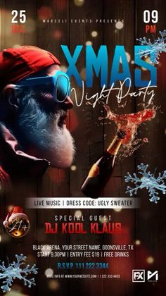 the flyer for xmas night party with santa clause and snowflakes on it