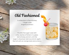 Old Fashioned Cocktail Recipe Card - Digital Download. Cocktail Recipe Card Design, Diy Cocktail Party, Bourbon Gifts Basket, Old Fashion Drink Recipe, Old Fashion Cocktail Recipe, Old Fashioned Drink