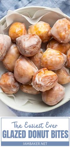 glazed donut bites in a white bowl on a blue cloth with text overlay