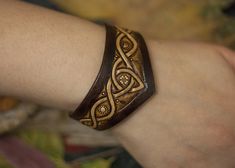 Celtic Wrist Tattoos For Women, Tattoos For Women Bracelet, Wrist Tattoos For Women Bracelet, Witch Bracelet, Leather Working Projects, Custom Leather Work, Celtic Bracelet, Forest Witch, Elven Jewelry