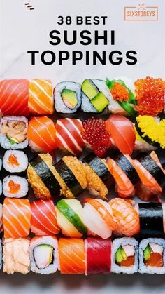 sushi topplings are displayed on the cover of this cookbook, which is filled with different types of sushi