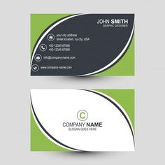 two business cards with black and green accents on the front, one has a circular design