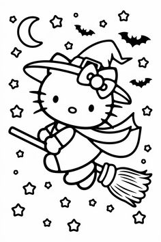 hello kitty flying on a broom in the sky with stars and bats around her head