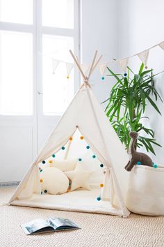 a teepee tent with pillows and a potted plant on the floor next to it