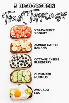 an image of what to eat for breakfast on toast with eggs, avocado, strawberries and yogurt