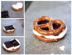 pretzel s'mores with chocolate and marshmallow on the side