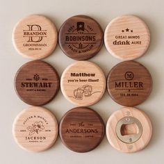 six wooden coasters with different types of beer logos on them, all engraved in wood