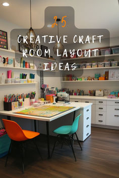 a craft room with lots of crafting supplies on the table and shelves above it