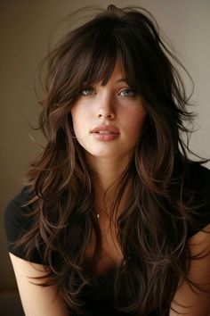 Elegant long hairstyles with bangs suitable for all hair types. Shag Layered Hairstyles, Layered Hair With Bangs, Hairstyles For Layered Hair, Long Layered Haircuts, Haircuts For Medium Hair, Haircuts For Long Hair