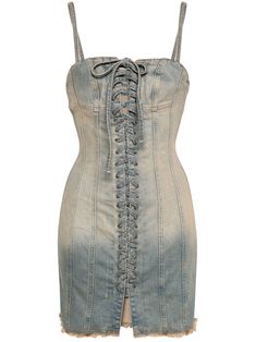 indigo blue cotton blend denim vertical seamed sweetheart neck front lace-up fastening rear zip fastening adjustable spaghetti straps bodycon design frayed hem thigh-length Versace Outfit, Tumblr Fashion, Sweetheart Neck, Indigo Blue, Cocktail Dress Party, Dress Blue, Denim Dress, Size Clothing, All Fashion