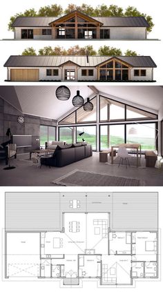 three different views of the inside and outside of a house, one with an open floor plan