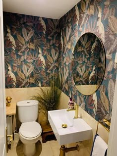 a bathroom with a toilet, sink and mirror in it's center wallpaper