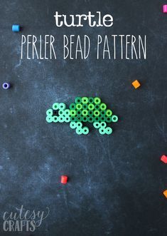 a blackboard with green and orange beads on it, next to the words turtle perler bead pattern