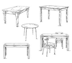 four different tables and chairs are shown in this drawing