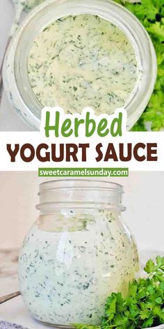 herb yogurt sauce in a jar with parsley on the side and an image of