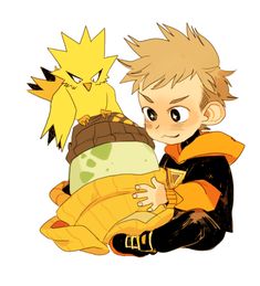 a young boy holding a stuffed animal next to another pokemon character