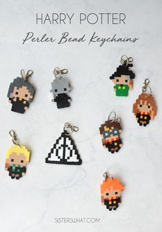 harry potter pixel keychains are shown on a white background with the words, peter bend