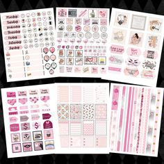 pink and white stickers are arranged on top of each other, with different designs