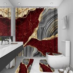 PRICES MAY VARY. 🛀【Package Includes】- marble bathroom sets with shower curtains and rugs and accessories with 12 shower hooks, Red marble shower curtains size 72"L x 72"W, the bathroom rug size: 29.52"L x 17.3"W, the toilet lid cover size: 16.54''L x14.96''W, the U shape rug size 17.72"L x 15.75''W, The ideal bathroom sets size fits the needs of most people bathrooms 🛀【High-quality Material】- This red marble bathroom set with rugs and accessories, luxury watercolor gold line shower curtain mad Mauve Bathroom, Marble Shower Curtain, Red Bathroom Decor, Luxury Shower Curtain, Shower Rods, Marble Showers, Abstract Shower Curtain, Shower Curtain Sizes, Bathroom Red