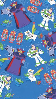 a blue background with toy story characters and space shuttles in the sky, all on top of each other