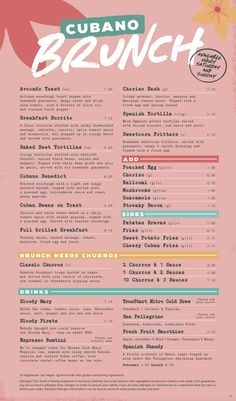 the menu for cuban brunch is shown in pink and green, with flowers on it