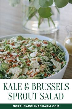 kale and brussels sprout salad in a white bowl on a wooden table