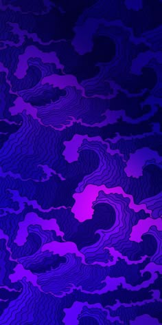 an abstract purple and blue background with wavy lines in the center, as well as clouds