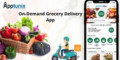 an app that is showing grocery delivery on the phone and in front of it, there are