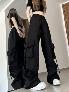 Women's Casual Tie-Up Loose Wide Leg Cargo Pants With Pockets, Versatile For Daily Wear, Autumn Black Casual   Polyester Plain Wide Leg Non-Stretch  Women Clothing, size features are:Bust: ,Length: ,Sleeve Length: Kpop Cargo Pants Outfit, Kpop Pants, Oversized Korean Fashion, Sweatpants Baggy, Woman Streetwear, Celana Kargo, Fesyen Islam, Streetwear Cargo Pants, Streetwear Chic