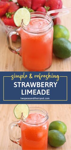 two glasses filled with strawberry limeade next to strawberries and limes