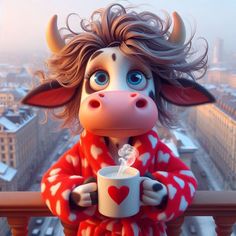 a cow in a red and white sweater holding a coffee cup on top of a balcony