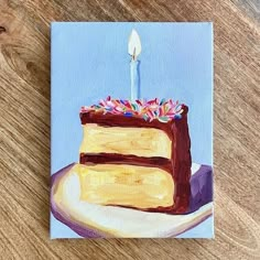 a painting of a piece of cake with a single candle on it sitting on a table