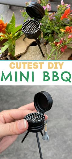 a person is holding a mini bbq grill with flowers in the background and text overlay that reads, cutest diy mini bbq