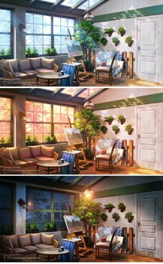 three different views of a living room with furniture and plants on the windowsills