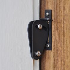 a black door handle on a wooden door