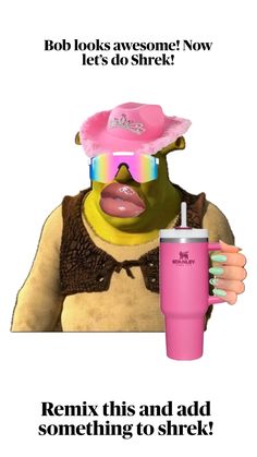 a poster with an image of a person wearing sunglasses and a pink hat holding a drink