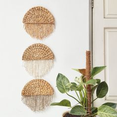 three woven wall hangings on the wall next to a potted plant