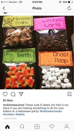 four bags of halloween treats on a table with labels that say ghost poop and witches wants