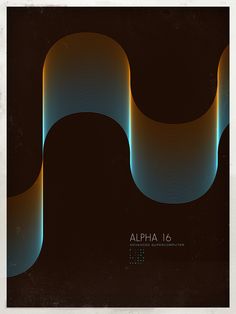 a poster with an abstract design in blue, yellow and orange on a black background