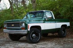 a green and white truck parked in the woods