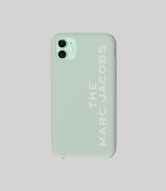 an iphone case with the words marc cacoa on it in white lettering, against a gray background