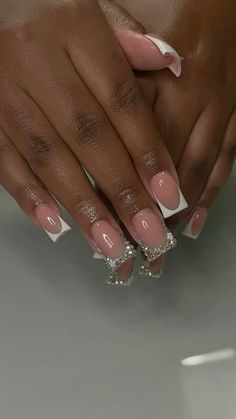 Cute Blinged Out Nails, Short Set Nail Ideas, Frenchie Bling Nails, Cute White Short Acrylic Nails, Short Nail Set White, White Short Set Nails, French Tip Nails Duck, Full Bling Nail Set, White Short Duck Nails