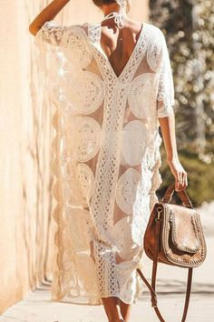 Enjoyable mesh coverup dress featuring a semi-sheer design, v-neckline front and back, wide kimono sleeves, delicate circle lace crocheting overlay, and lace scalloped hemline. SIZE US Bust(inch) Top Length(inch) One Size 10-12 42.5 29 Bohemian Lace Beach Cover-up, White Sheer V-neck Cover-up, V-neck Beach Dress With Lace Trim, V-neck Crochet Lace Dress For Beach Cover-up, Bohemian Sheer V-neck Cover-up, Crochet Lace Cover-up For Vacation, Bohemian Hollow Out Dress For Beach Cover-up, V-neck Beach Dress With Lace Trim As Cover-up, Sheer Lace Beachwear Cover-up