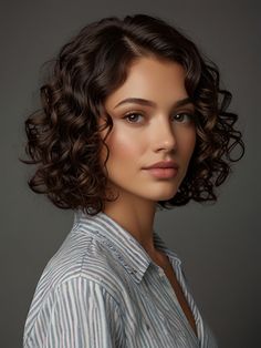 Description: A timeless bob tailored for curly hair that offers a sleek yet voluminous look. Perfect for those wanting a stylish, low-maintenance haircut. Short Bob Hairstyles Curly Hair, Mid Length Haircut For Curly Hair, Short Hair Curly Styles For Women, Chic Curly Bob, Curly Hair Women Short, Short Curly Hair Side Part, Short Curly Hair Hairstyles Ideas, Bobs For Curly Hair, Short Hair For Curly Hair