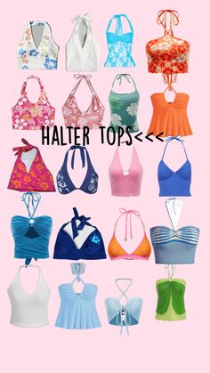 a bunch of different types of bras and tops with the words halter tops above them