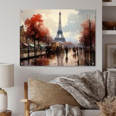 a living room scene with the eiffel tower in the background and people walking down the street