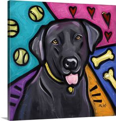 a painting of a black dog with tennis balls on it's chest and tongue hanging out