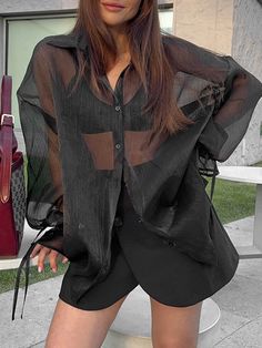 Long Sleeves Loose Buttoned Mesh See-Through Solid Color Tied Lapel Blouses & Shirts Tops BLACK-L Transparent Shirt Outfit, Sheer Shirt Outfits, Black Mesh Shirt, Sheer Chiffon Blouse, Lace Up T Shirt, Mesh Cardigan, Shirt Blouses Women's, Mesh Blouse, Turndown Collar